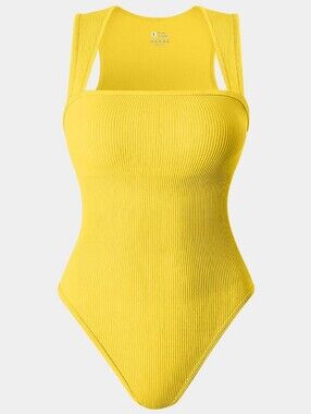 NWOT OQQ Strappy Square Neck Sleeveless Tummy Control Tank Top Bodysuit - Yellow